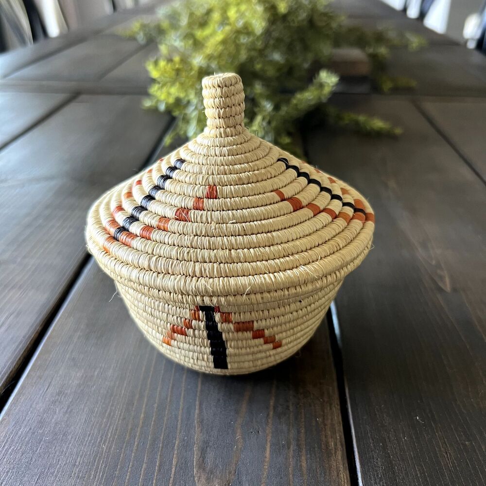 Coiled Woven Kindness Basket with Pointed Lid African Handmade Multicolor NWOT